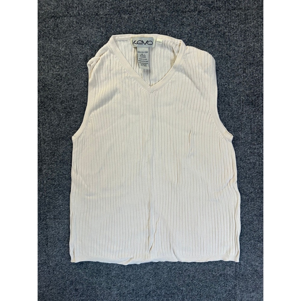 Kevo Sweater Vest Men Large Cream 100% Silk Ribbed V-Neck Sleeveless Knit Top